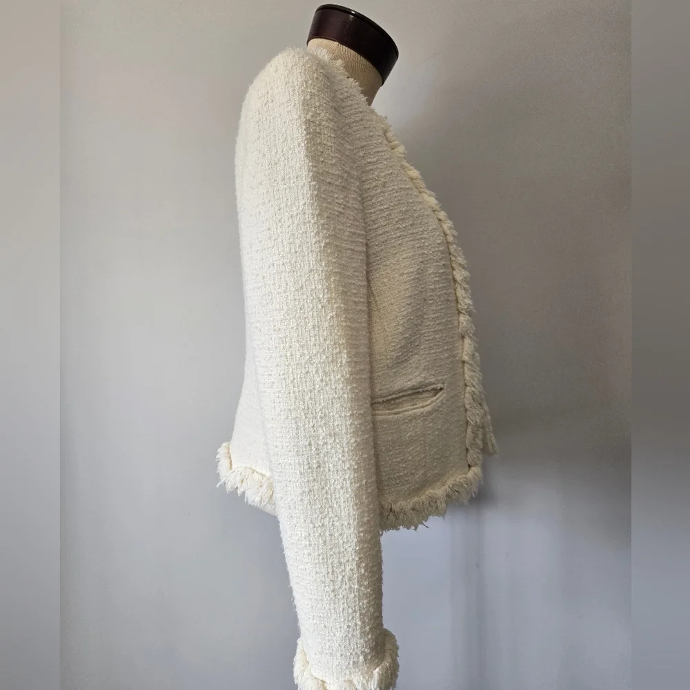 L.K BENNETT LONDON Cream Cottton Tweed Cropped Open Front Jacket With Fringe. 8 - Picture 5 of 16